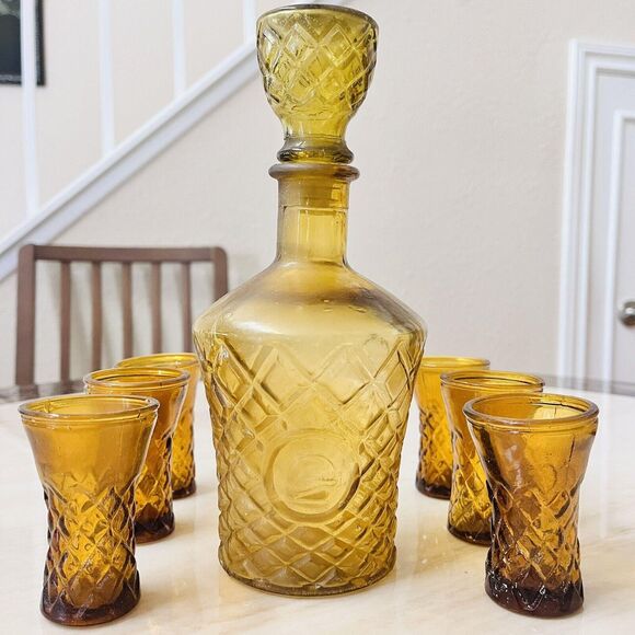 MCM Amber Glass Decanter Set w/6 Cordial Glasses Diamond Pattern Barware Taiwan - Picture 5 of 14